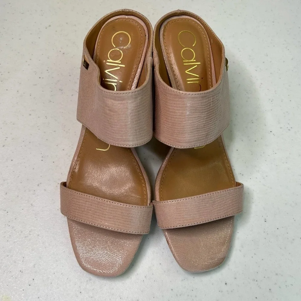 CALVIN KLEIN Cirella Women’s Nude Block Heel Dress Sandal Mule Size 9,5   #66